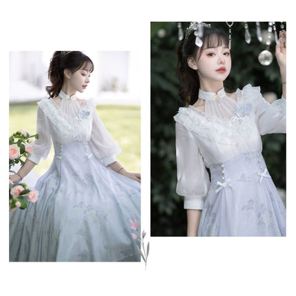 Lolita Fairy Dress! Lace Puff Sleeves + Light Blue Floral Maxi Skirt, Spring Garden Date Outfit