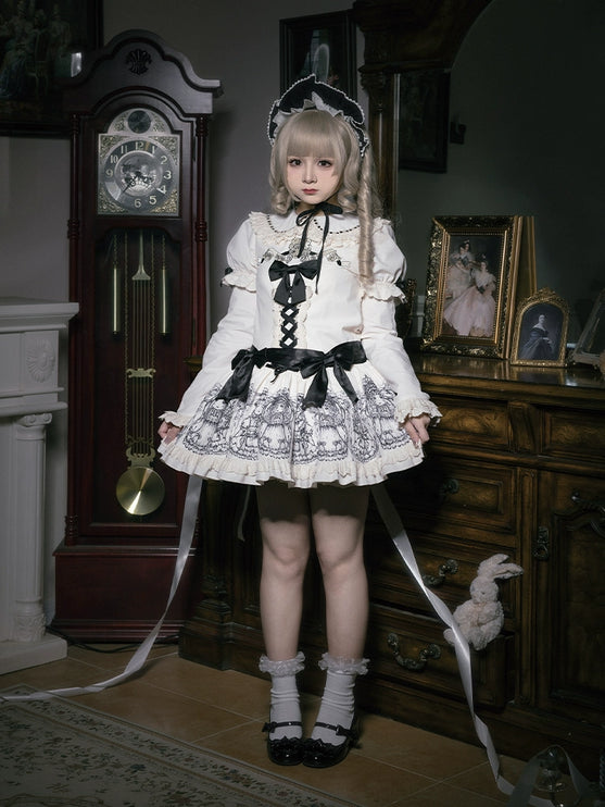 [Doll's Night OP] Original Design Doll-Style Lolita Dress with Embroidered Doll Print - Twin Version Set