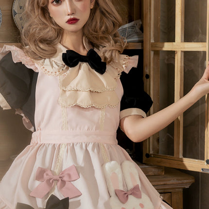 Sweet Pink Lolita Apron with Puff Sleeves OP Maid Lolita Dress