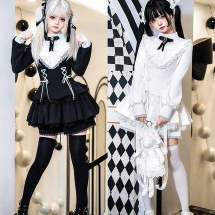 Gothic Lolita Dress with White Lace Collar, Long Sleeves and Lace - up Details