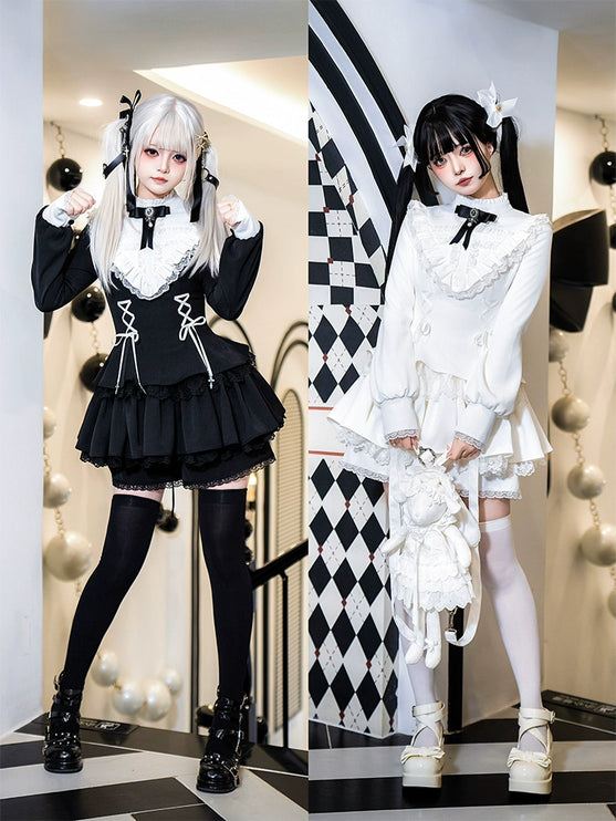 Gothic Lolita Dress with White Lace Collar, Long Sleeves and Lace - up Details
