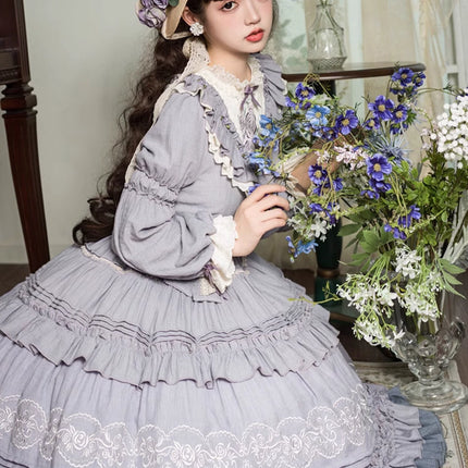 L-4XL Vintage Victorian Charm Lolita OP Dress – Elegant Ruffled Embroidery in Lavender-Gray