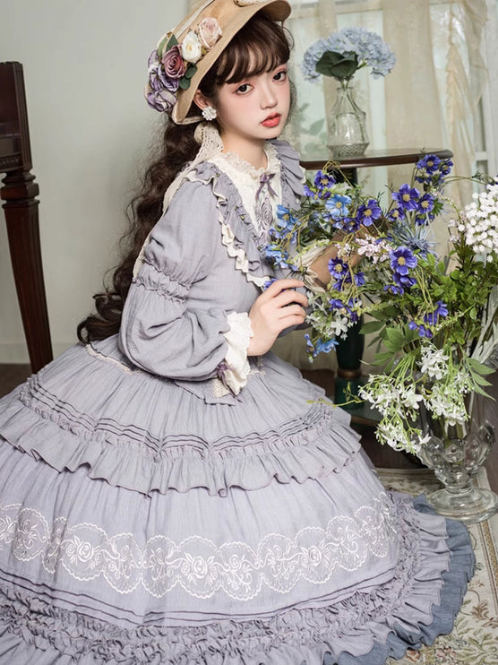 L-4XL Vintage Victorian Charm Lolita OP Dress – Elegant Ruffled Embroidery in Lavender-Gray