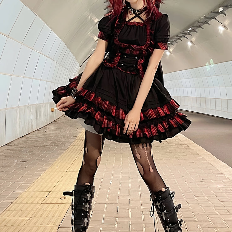 Punk Rock Lolita Two-Piece Skirt Set – Bold Plaid Accents & Lace Trim Gothic Ensemble