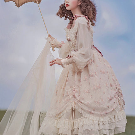 Elegant Cream Lolita Dress with Floral Embroidery and Ruffled Skirt