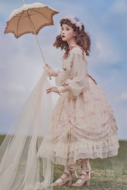 Elegant Cream Lolita Dress with Floral Embroidery and Ruffled Skirt