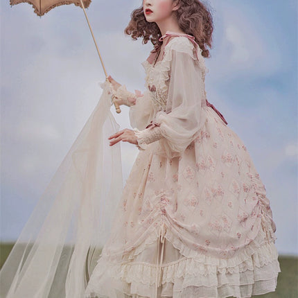 Elegant Cream Lolita Dress with Floral Embroidery and Ruffled Skirt - Perfect for Tea Parties and Special Occasions