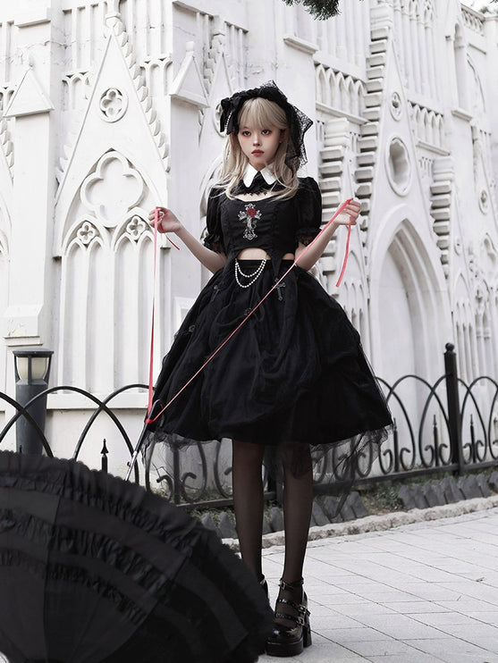 Midnight Rose Gothic Lolita Set - Embroidered Cutout Blouse with Cross and Pearl Accents