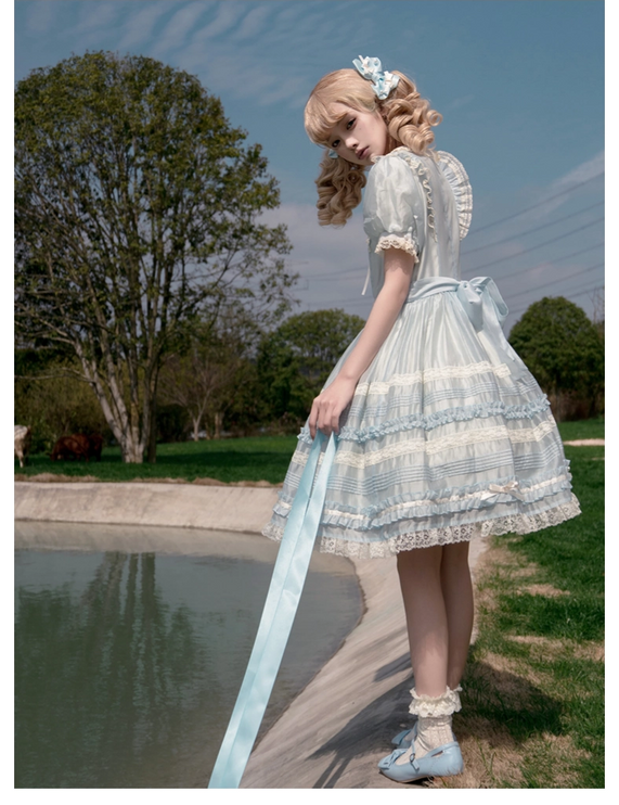 Timeless Doll Lolita Dress - Vintage Tencel OP with Pastel Lace and Ribbon Details