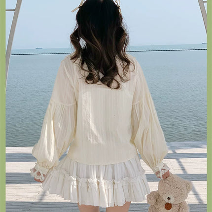 Lace - adorned Long - sleeved Blouse with Fluffy Cuffs, Exuding Delicate Femininity