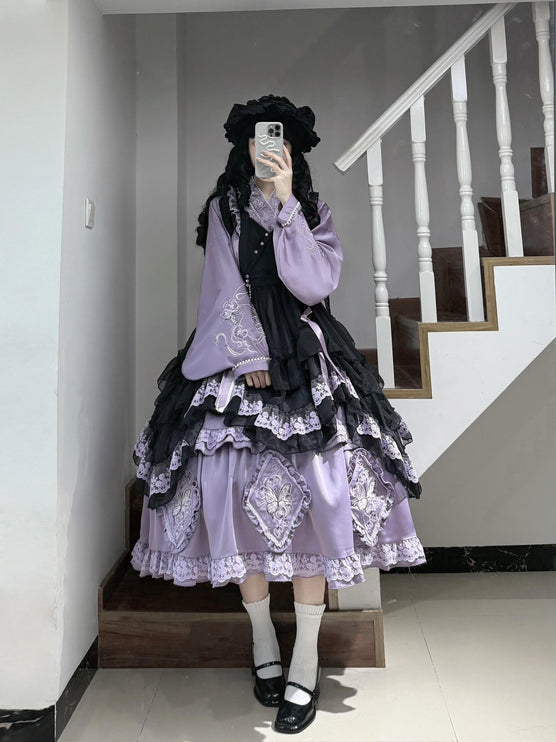 Elegant Purple and Black Lolita Dress with Intricate Lace Details