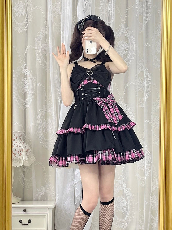 Elegant Gothic Lolita JSK with Heart Embellishment and Plaid Accents