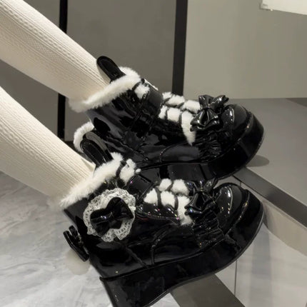 Furry - trimmed Lolita Boots with Bow - buckle and Thick Platform