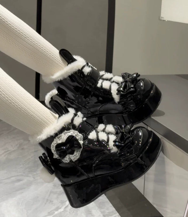 Furry - trimmed Lolita Boots with Bow - buckle and Thick Platform