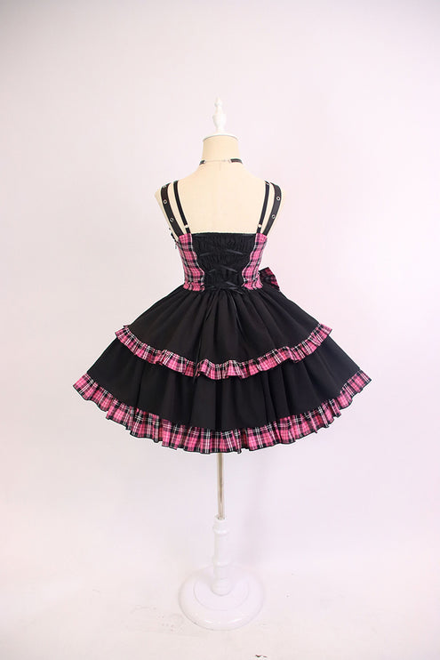 Elegant Gothic Lolita JSK with Heart Embellishment and Plaid Accents