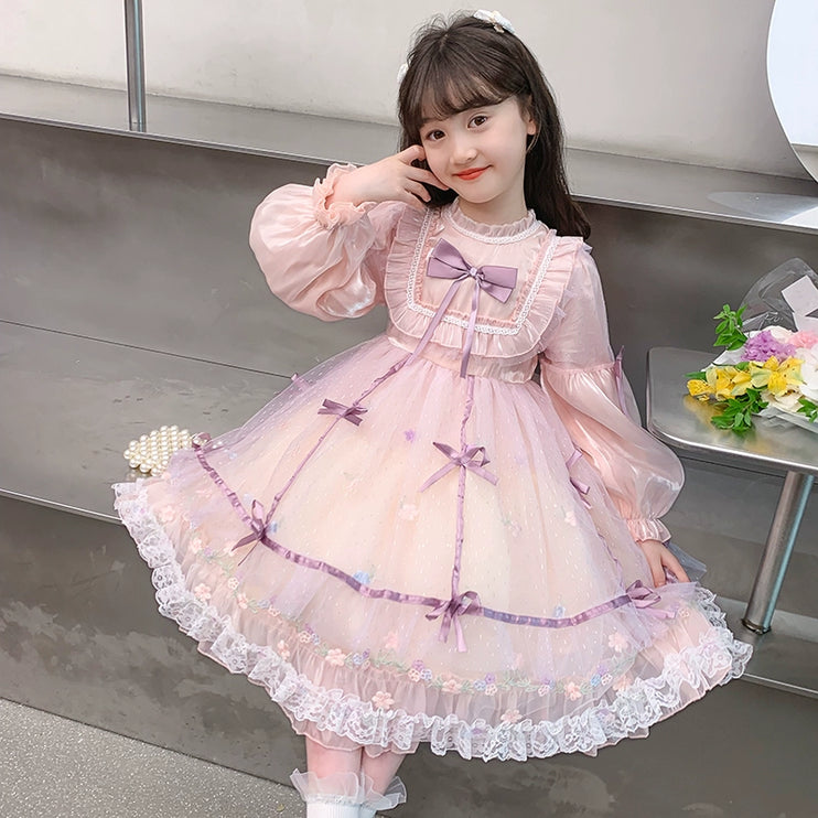 Charming Pastel Pink Lolita Dress with Purple Accents for Girls