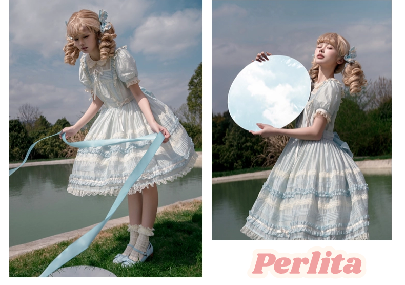Timeless Doll Lolita Dress - Vintage Tencel OP with Pastel Lace and Ribbon Details