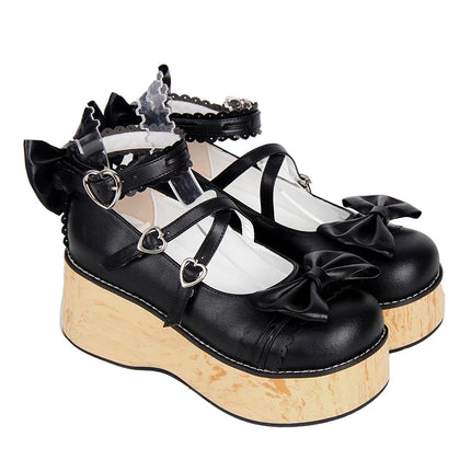 Charming Chunky Platform Lolita Shoes with Bow - details & Heart - buckles