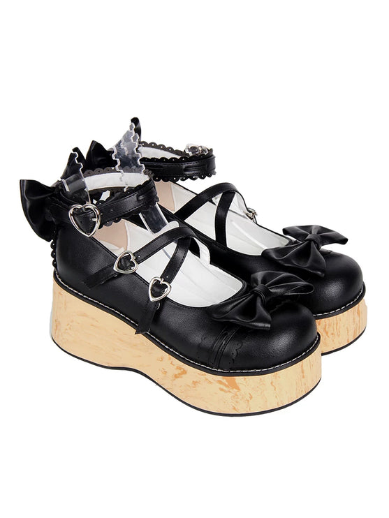 Charming Chunky Platform Lolita Shoes with Bow - details & Heart - buckles