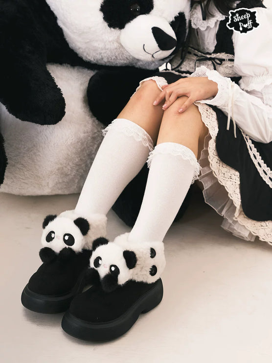 Panda - themed Fluffy Slippers with Heels and Adorable Face Designs