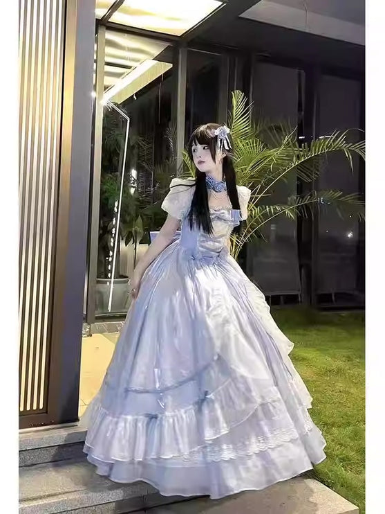 Blue Adult Formal Dress, Big Flower Bridal Lolita Dress