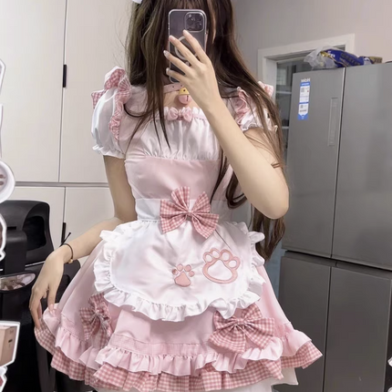 S-XXXXXL Pink Maid Cos Costume with Cat's Paw Apron OP Kitty Lolita Dress