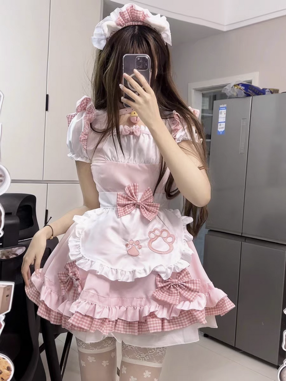 S-XXXXXL Pink Maid Cos Costume with Cat's Paw Apron OP Kitty Lolita Dress