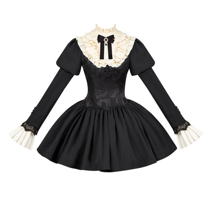 Black & Cream Whimsical Lolita Dress – Adjustable Bows & Multi-Tiered Lace Skirt