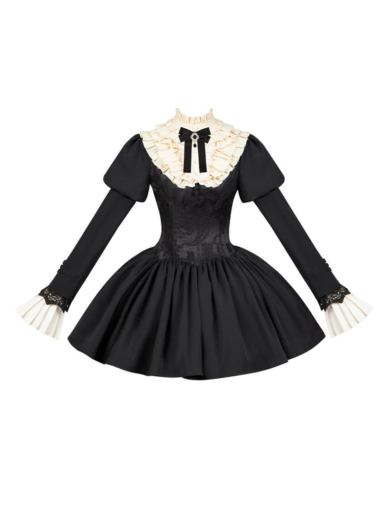 Black & Cream Whimsical Lolita Dress – Adjustable Bows & Multi-Tiered Lace Skirt