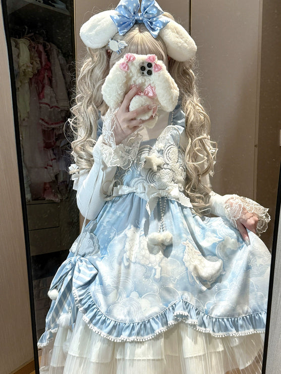 Lolita Dress with Fluffy Ears Headband - Sweet Pastel Blue and White Princess - Style Cosplay Costume