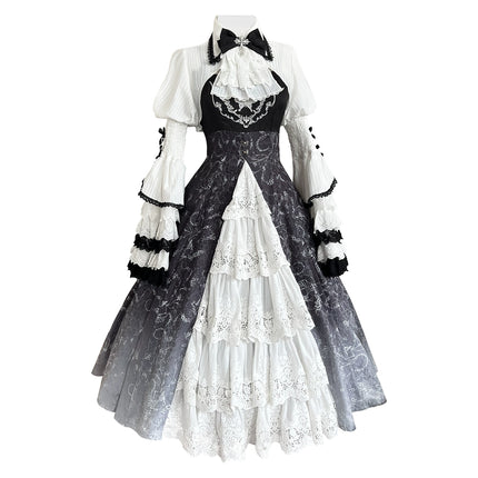 Gothic Victorian Lolita Set – High-Neck Lace Blouse & Gradient Layered JSK with Embroidered Bodice and Ruffled Sleeves