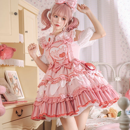 S-XXL Strawberry Party Jumper Skirt JSK Spring/Summer Pink Lolita Dress Set