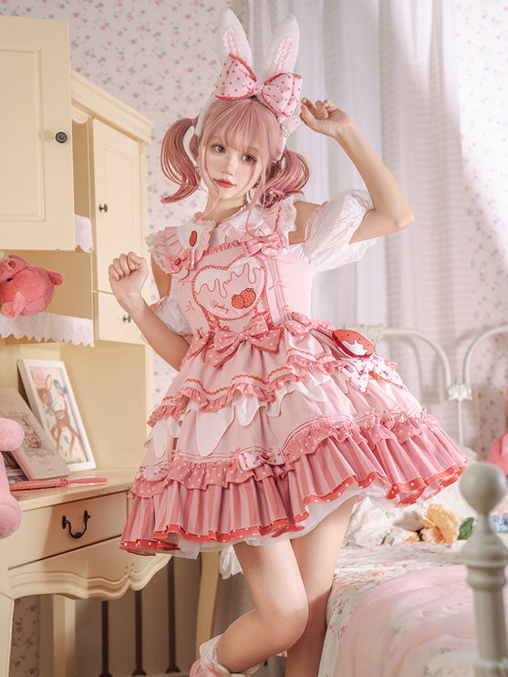 S-XXL Strawberry Party Jumper Skirt JSK Spring/Summer Pink Lolita Dress Set