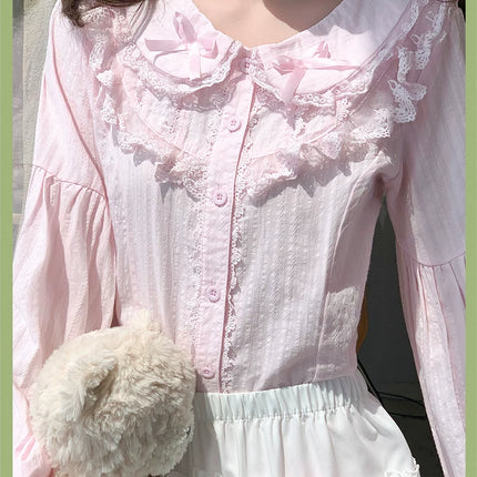 Lace - adorned Long - sleeved Blouse with Fluffy Cuffs, Exuding Delicate Femininity