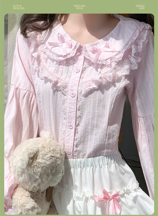 Lace - adorned Long - sleeved Blouse with Fluffy Cuffs, Exuding Delicate Femininity