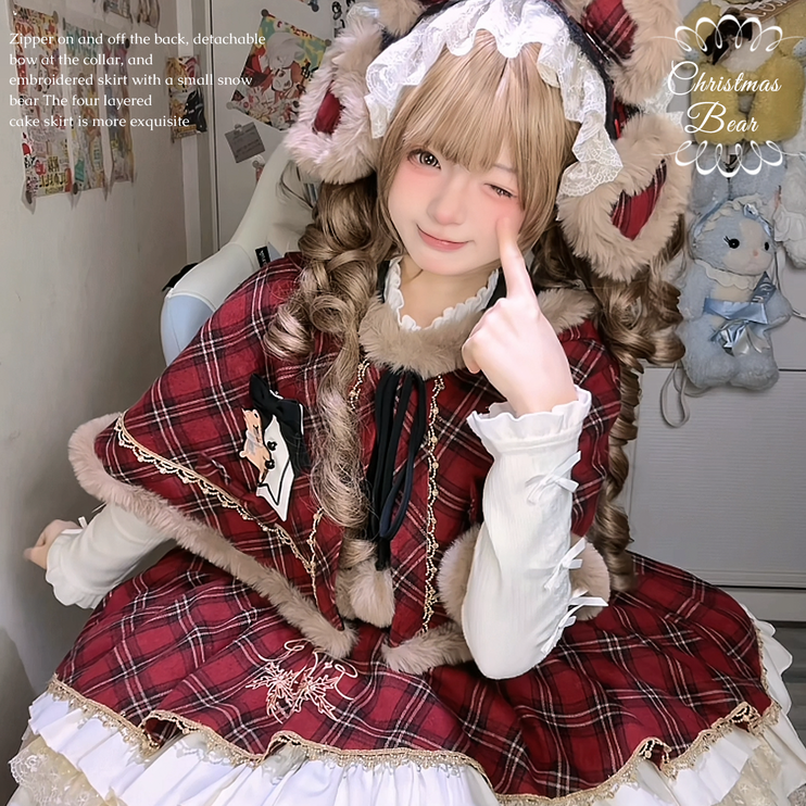 Chestnut Bear Cocoa Lolita Christmas Plaid Cloak JSK — Winter Vibe