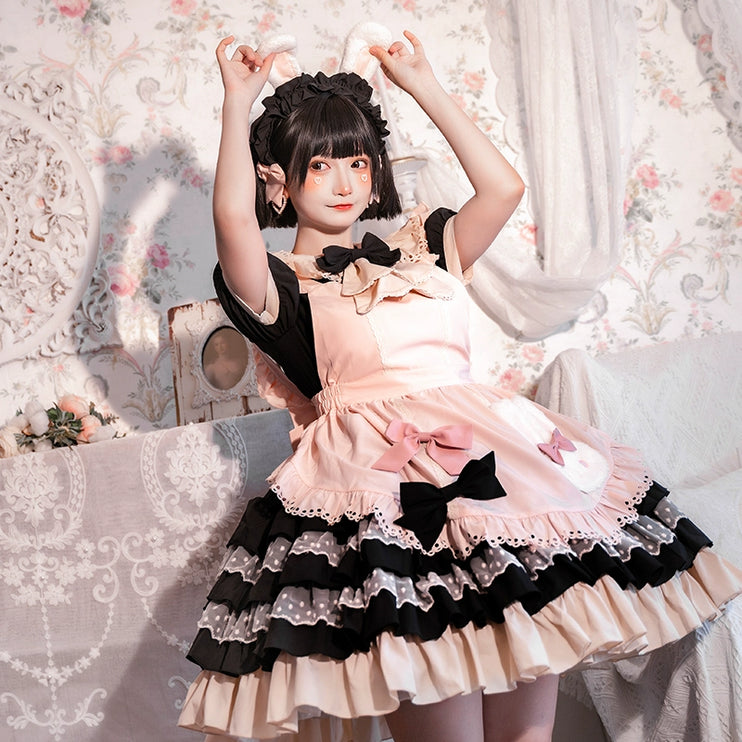 Sweet Pink Lolita Apron with Puff Sleeves OP Maid Lolita Dress