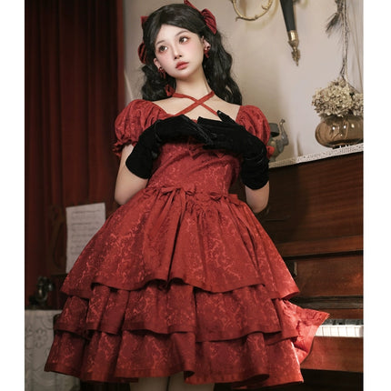 Thorn Rose Lolita Dress Short Sleeve OP Triple-Layer Puffy Skirt Red Lolita Dress