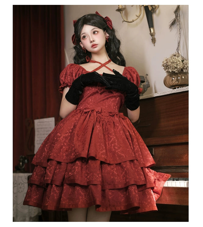 Thorn Rose Lolita Dress Short Sleeve OP Triple-Layer Puffy Skirt Red Lolita Dress