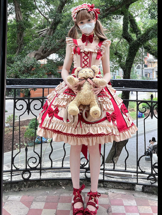 Cherry Orchard Vintage Lolita Dress - Tiered JSK with Apron and Bow Accents