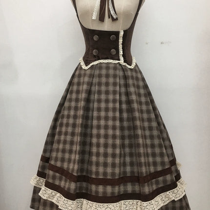 Vintage - style Plaid Suspender Skirt with Lace Trims and Button - up Bodice