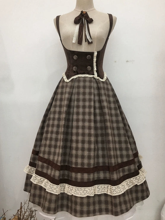 Vintage - style Plaid Suspender Skirt with Lace Trims and Button - up Bodice