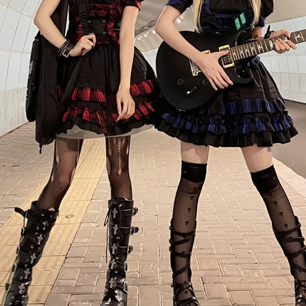 Punk Rock Lolita Two-Piece Skirt Set – Bold Plaid Accents & Lace Trim Gothic Ensemble