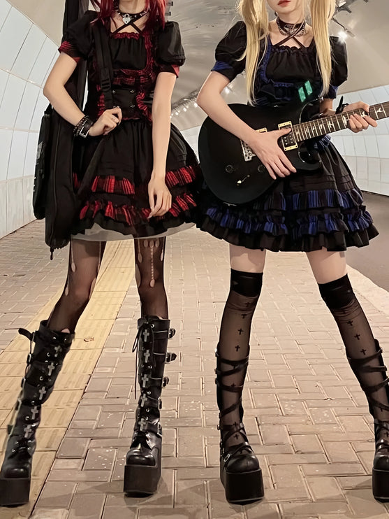 Punk Rock Lolita Two-Piece Skirt Set – Bold Plaid Accents & Lace Trim Gothic Ensemble