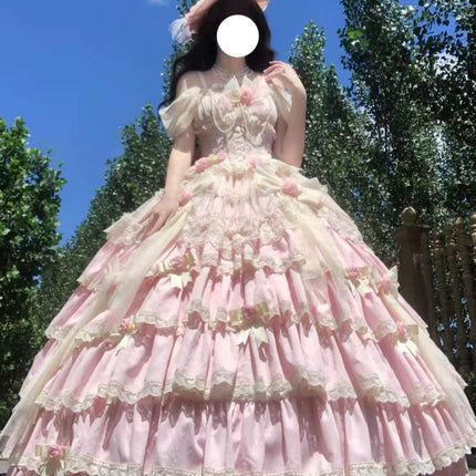 Pink Lolita Maxi Dress with Delicate Lace and Flower Embellishments, Ideal for Tea - Party Occasions