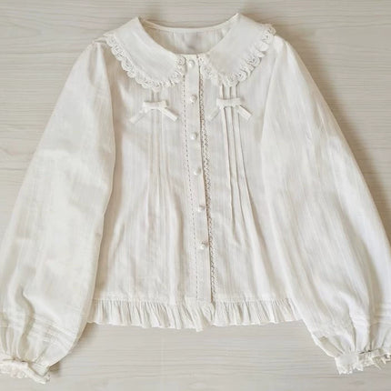 Vintage - style White or Cream Blouse with Peter Pan Collar, Bows and Ruffles