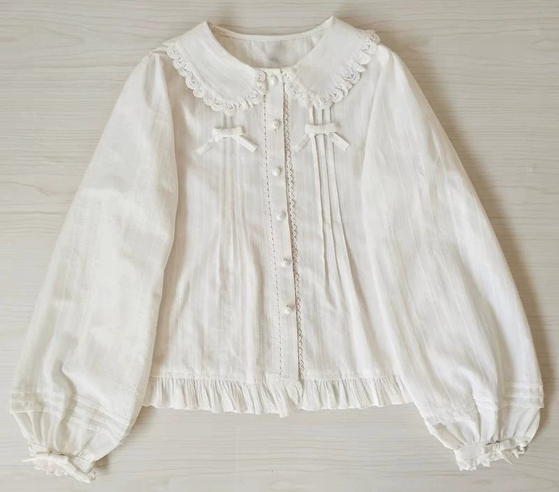 Vintage - style White or Cream Blouse with Peter Pan Collar, Bows and Ruffles