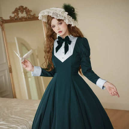 Elegant Victorian - inspired Black Dress with Bowknot and Flared Skirt
