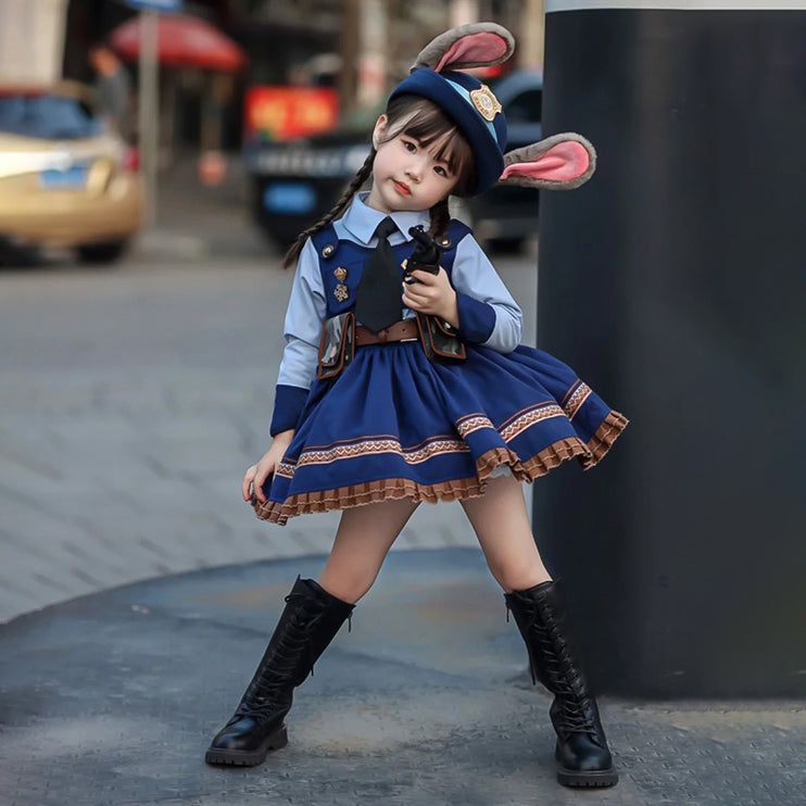 Rabbit Police Officer Lolita Dress for Girls - Navy Blue Whimsical Princess Costume