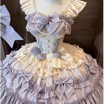 Elegant Lolita Style! Light Purple Princess Dress with Pearl Embellishments, Big Skirt Flare – Birthday Party Dress